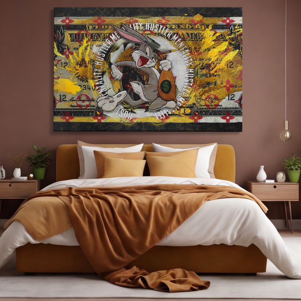 Tablou canvas cu tablou canvas cu dolar si bugs bunny, fara rama, pe sasiu de lemn, pe perete intr-un dormitor